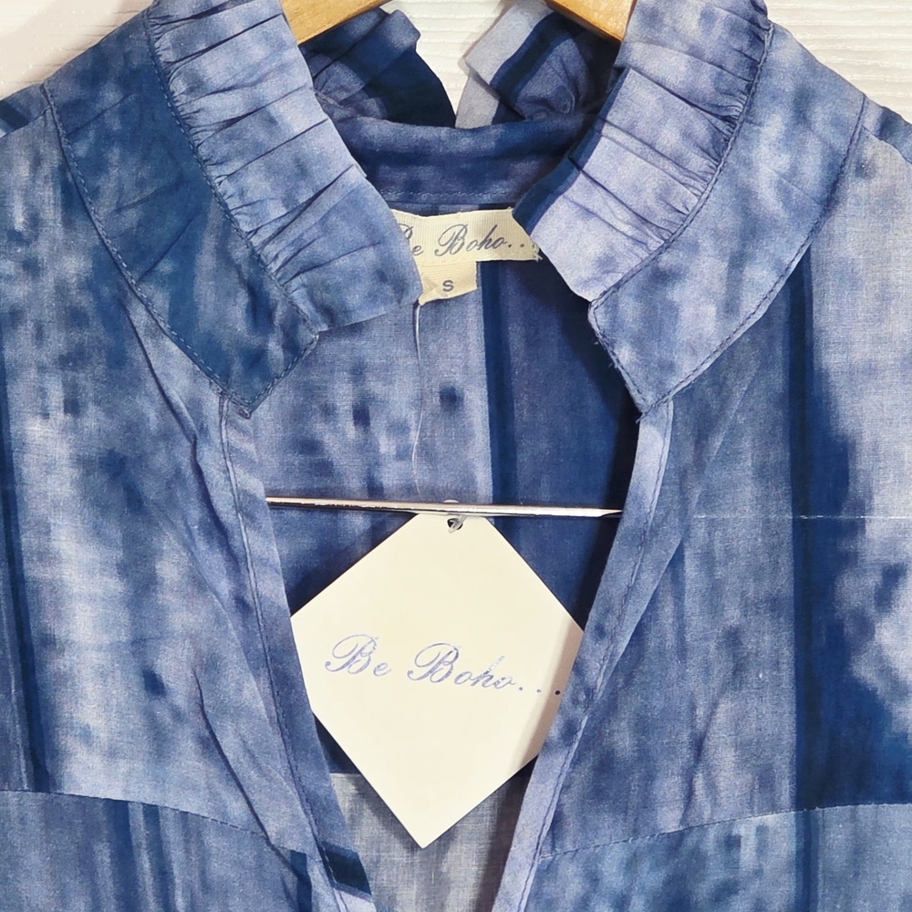Be Boho Blue Button-Up Dress with White Palm Trees Small - Picture 4 of 6